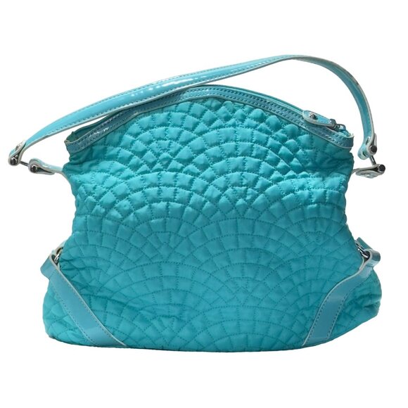 VERA BRADLEY Women's Handbag Blue Quilted Fabric Patent Leather Trim Zip Pocket - Picture 8 of 16